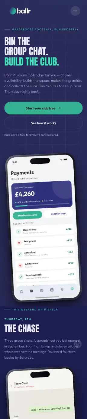 Ballr club management app shown on mobile
