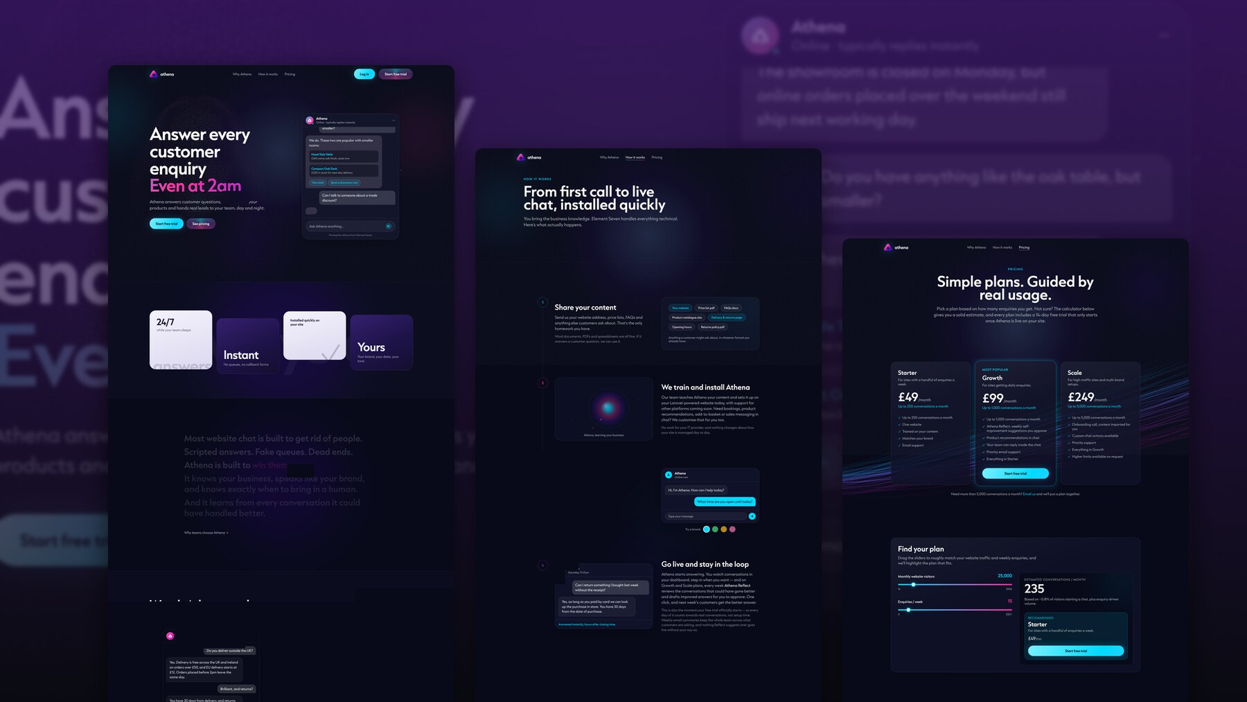 Several Athena screens together, covering the homepage, the assistant and the dashboard