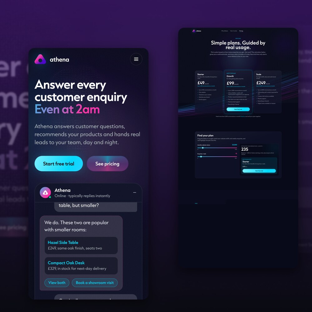 The Athena homepage beside the chat assistant panel answering a customer question