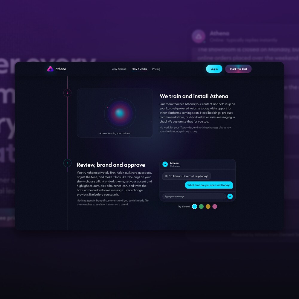 An Athena feature section explaining how the assistant is trained and installed