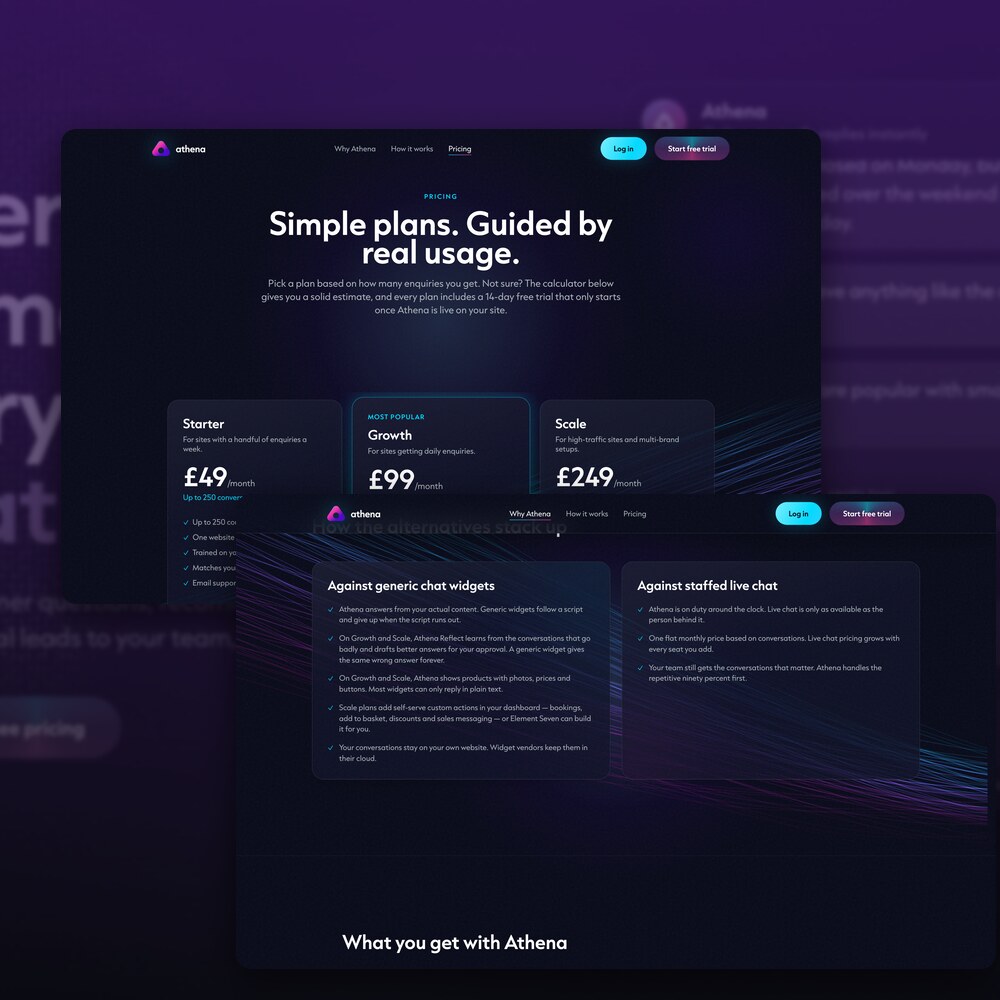 The Athena pricing page, showing plans guided by real usage