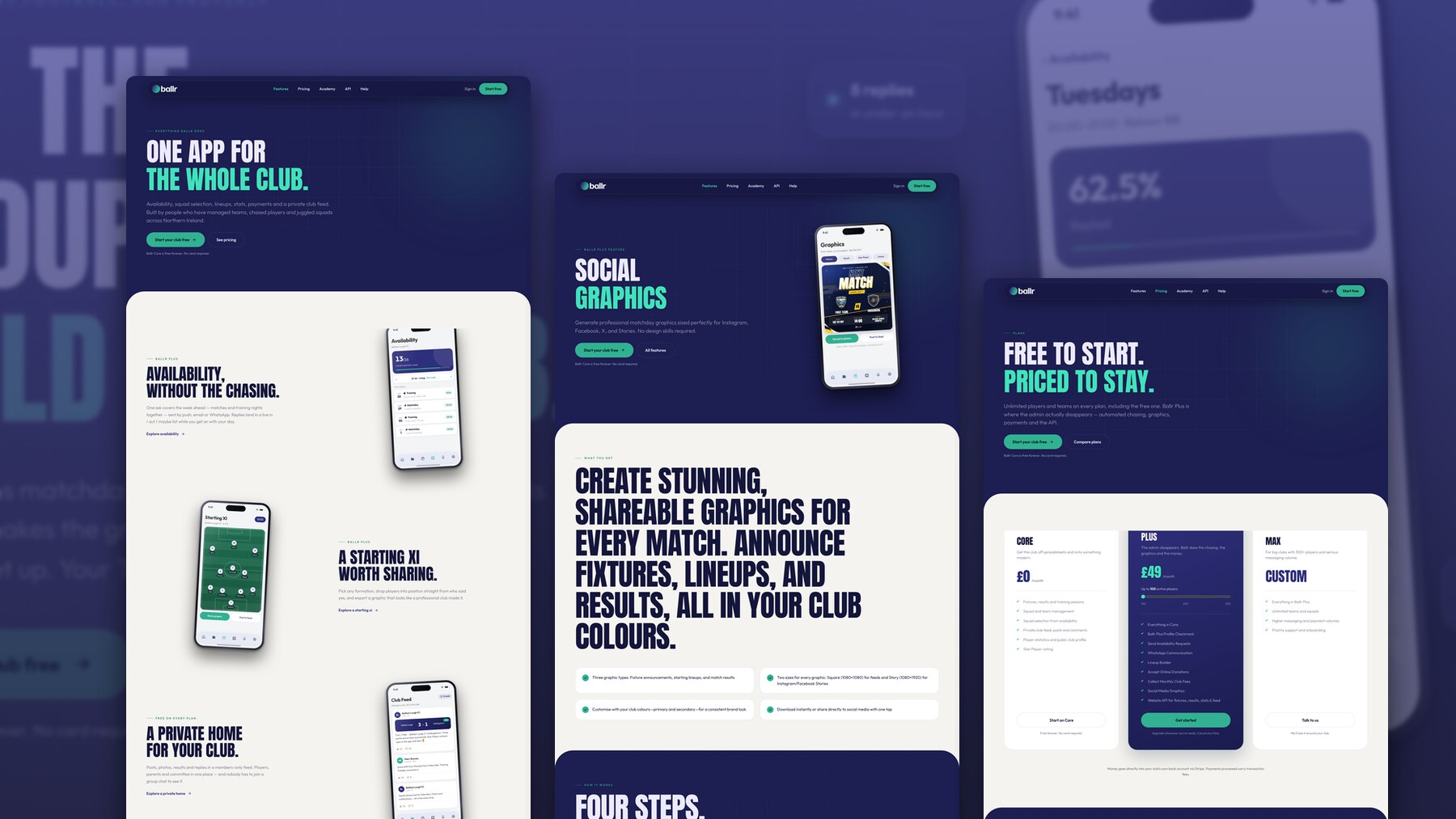 Several Ballr screens together, covering availability, graphics and the club feed