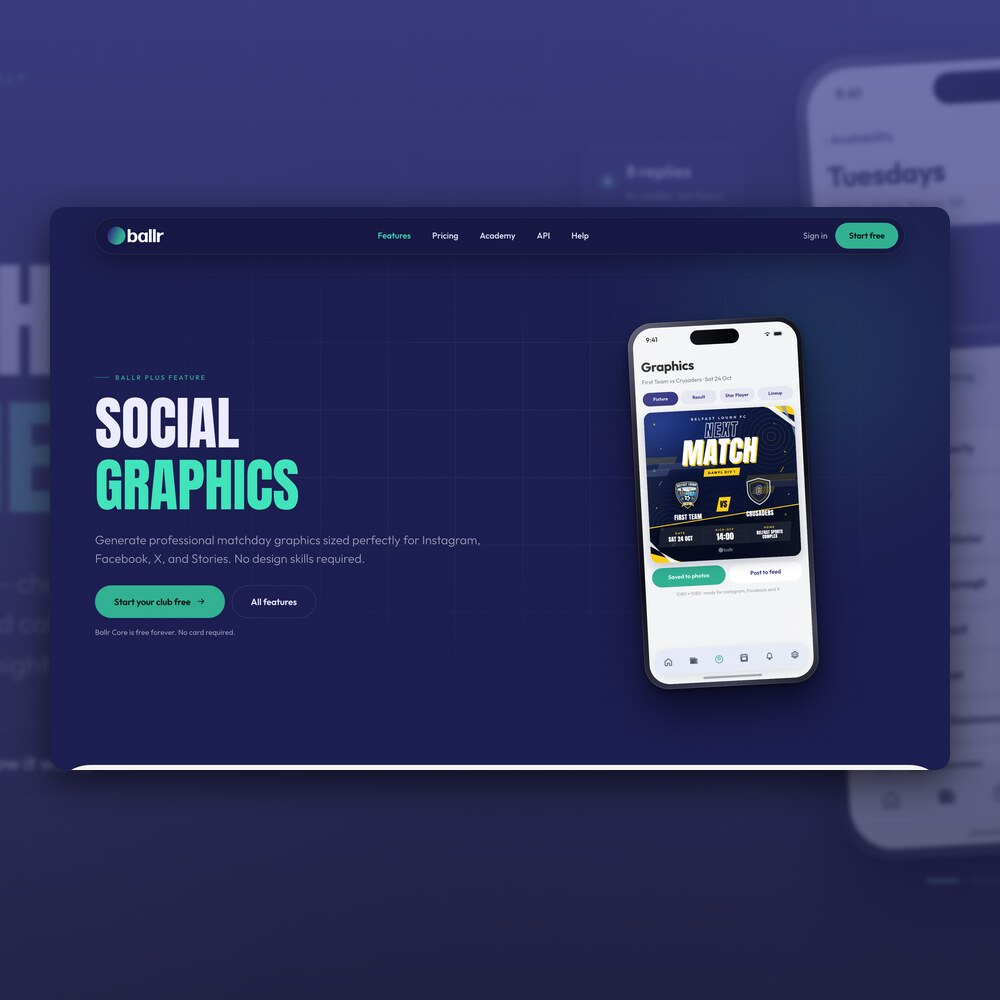 The Ballr social graphics feature, showing an automatically generated matchday graphic