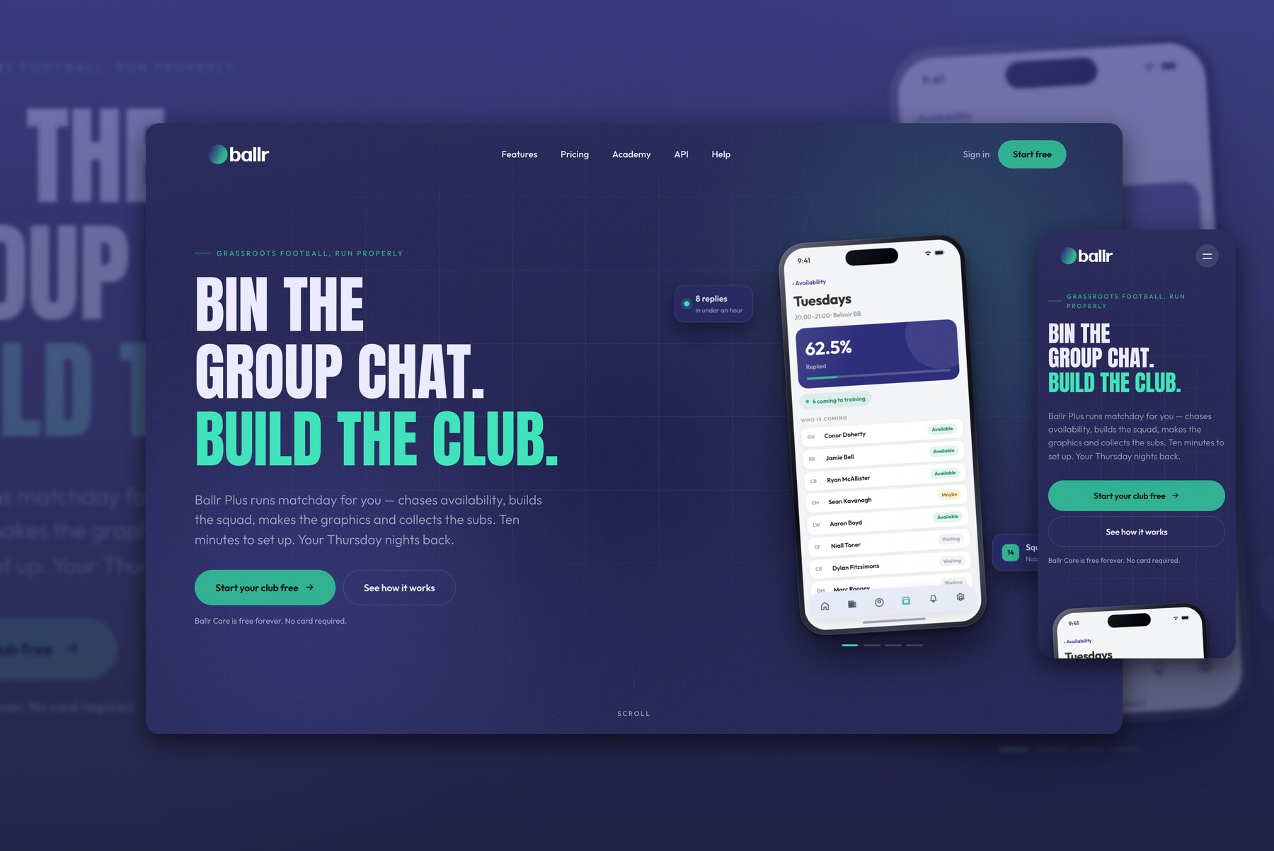 The Ballr homepage, with the bin the group chat, build the club headline beside the app running on a phone