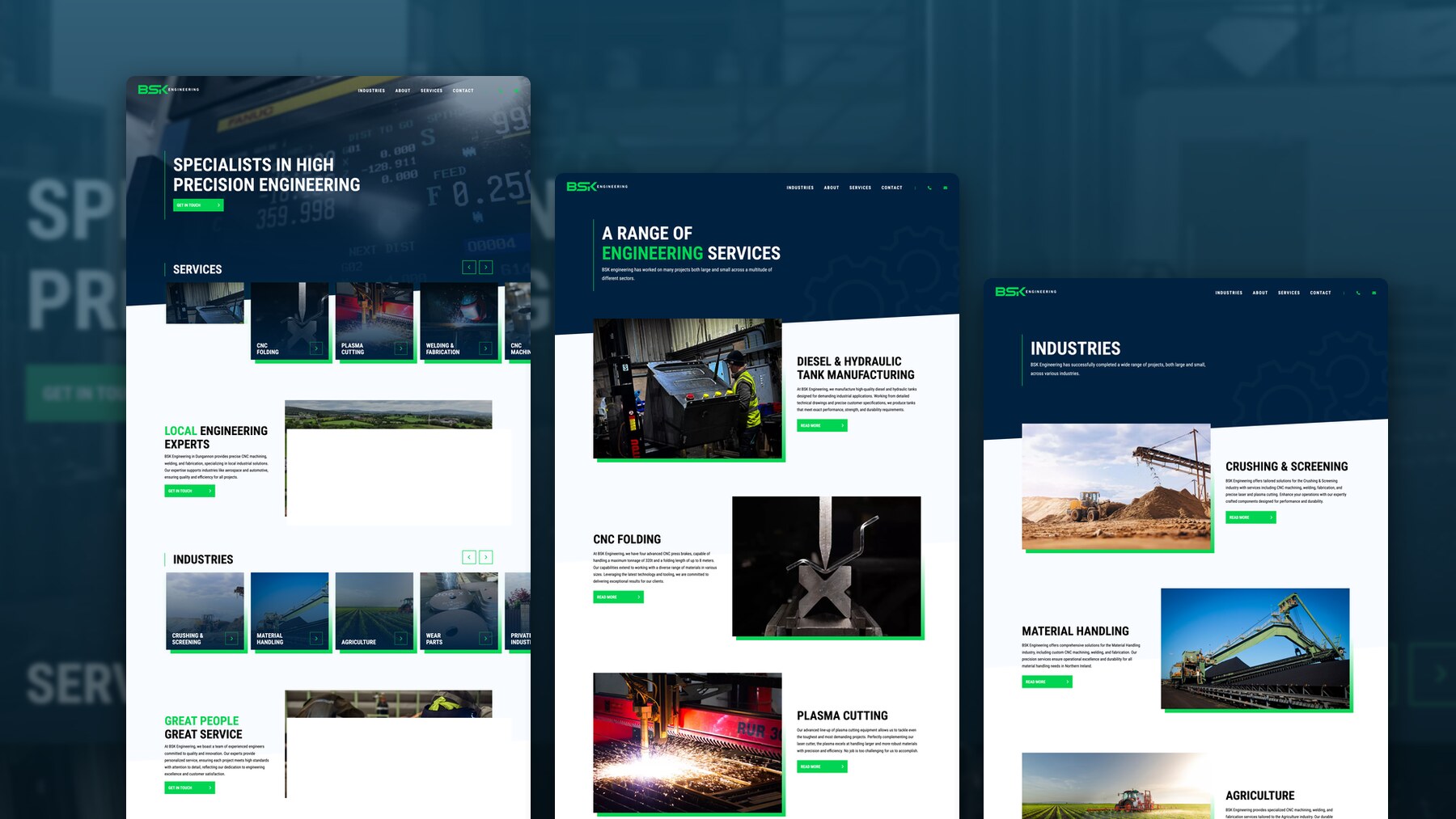 Several BSK Engineering pages together, showing services, industries and workshop photography