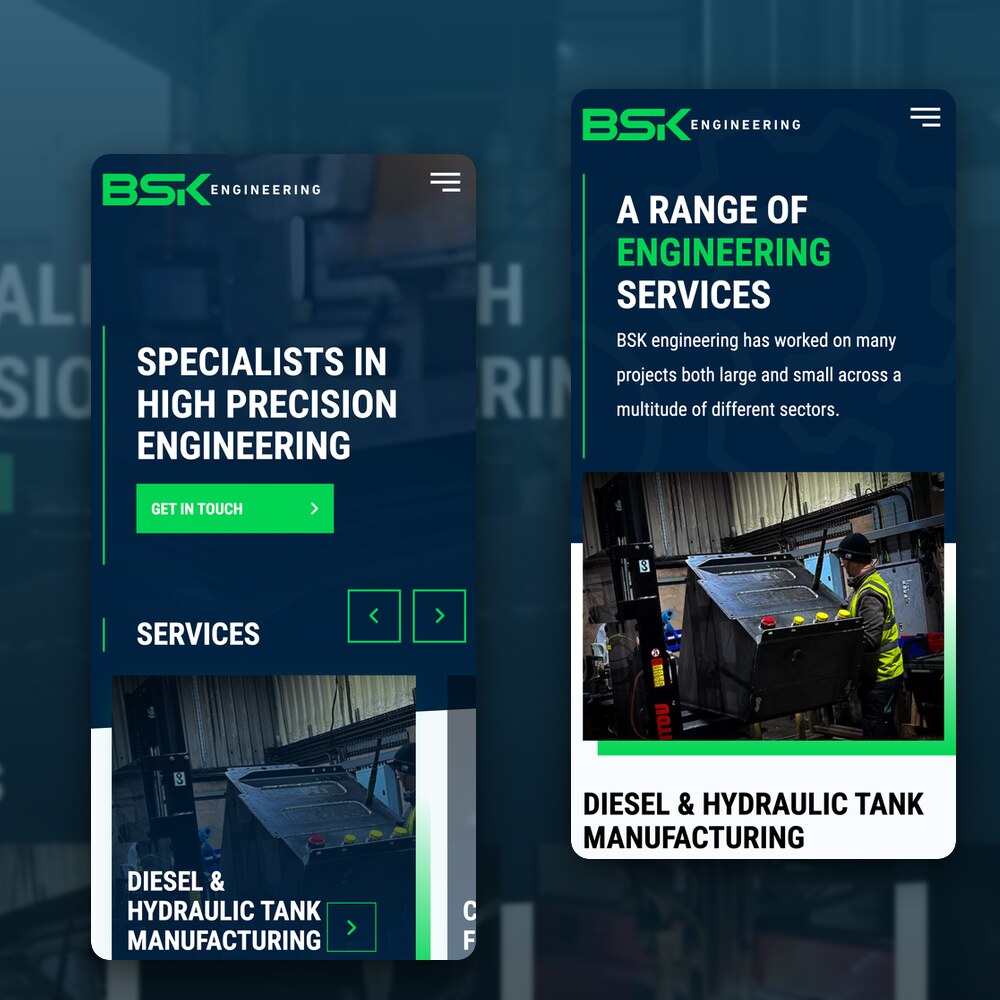 The BSK Engineering services menu beside the range of engineering services page