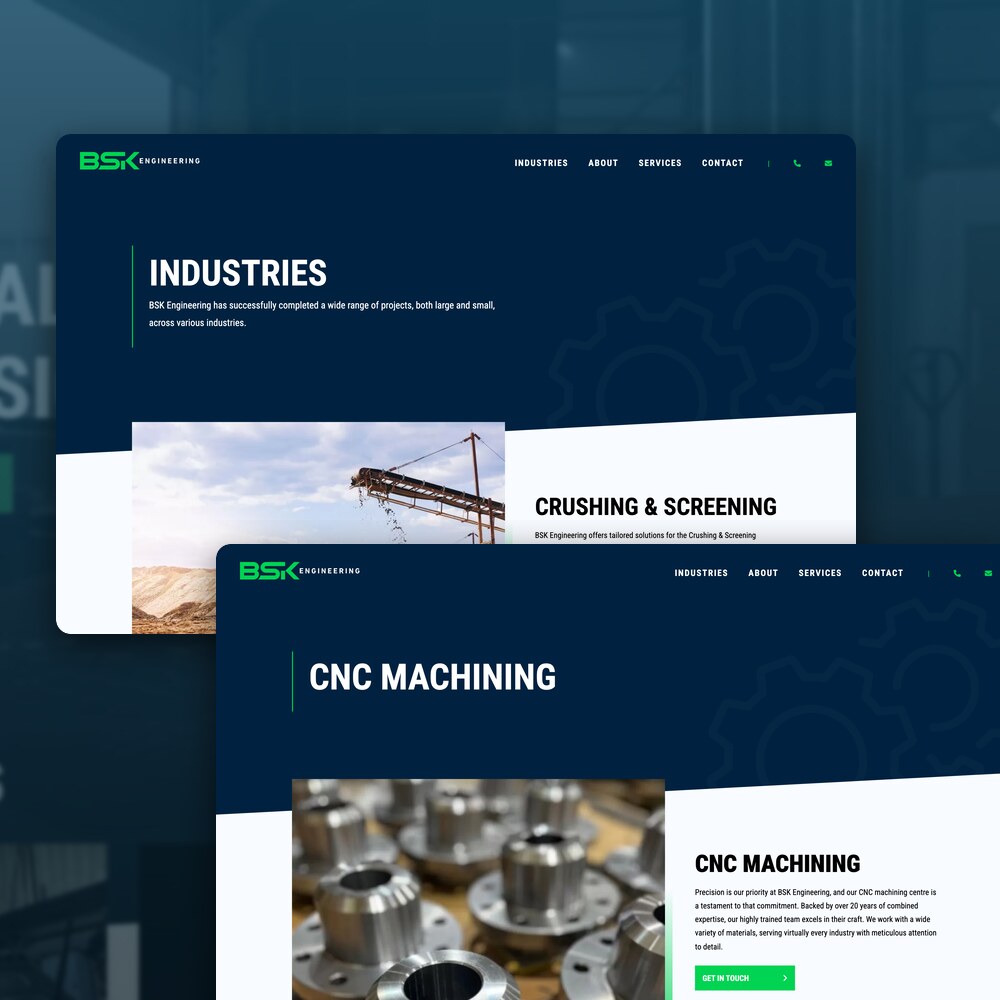 The BSK Engineering industries page, covering crushing and screening and CNC machining