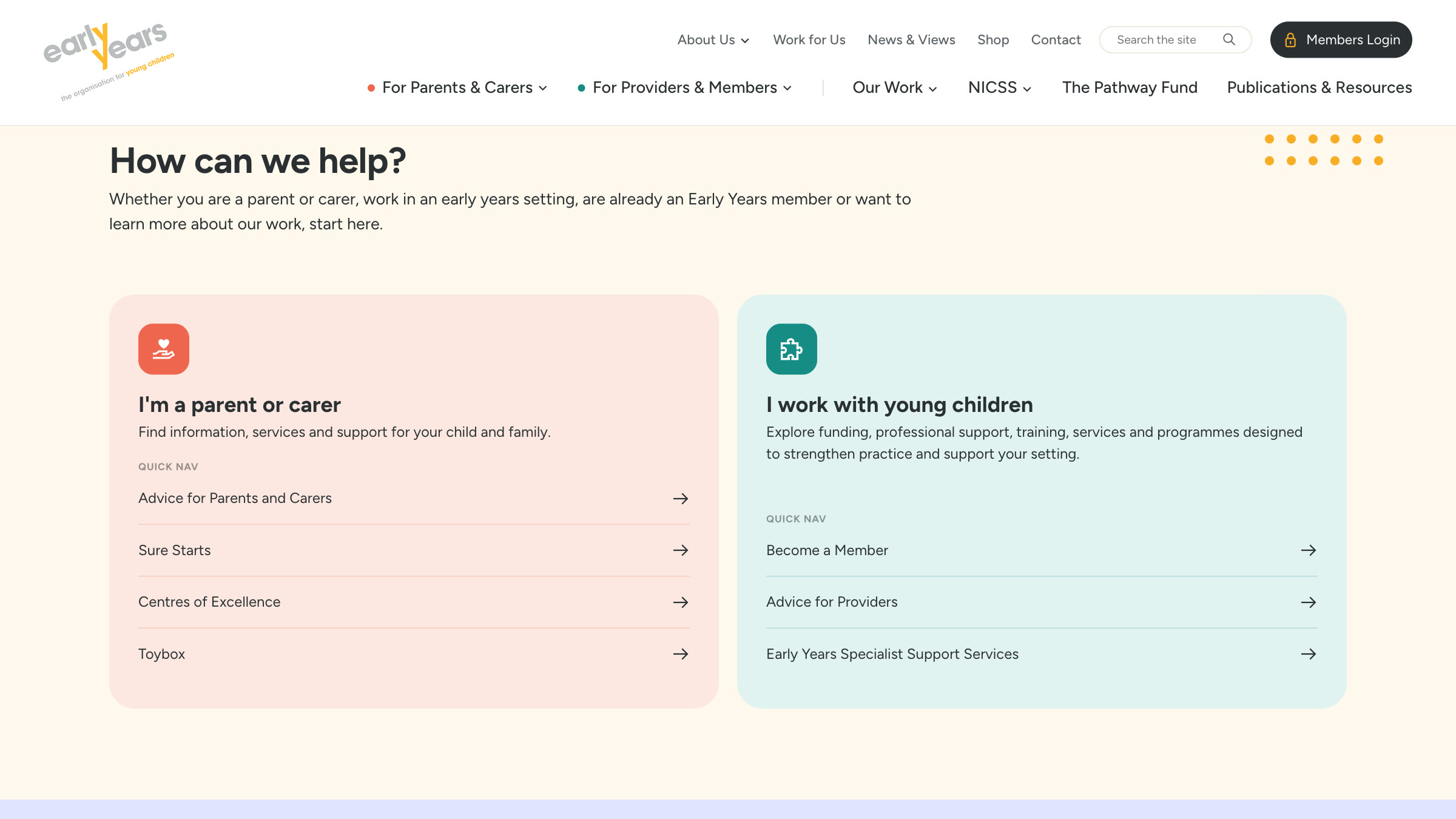 How can we help? on the Early Years homepage: a coral panel for parents and carers and a teal panel for people who work with young children, each with its own quick links