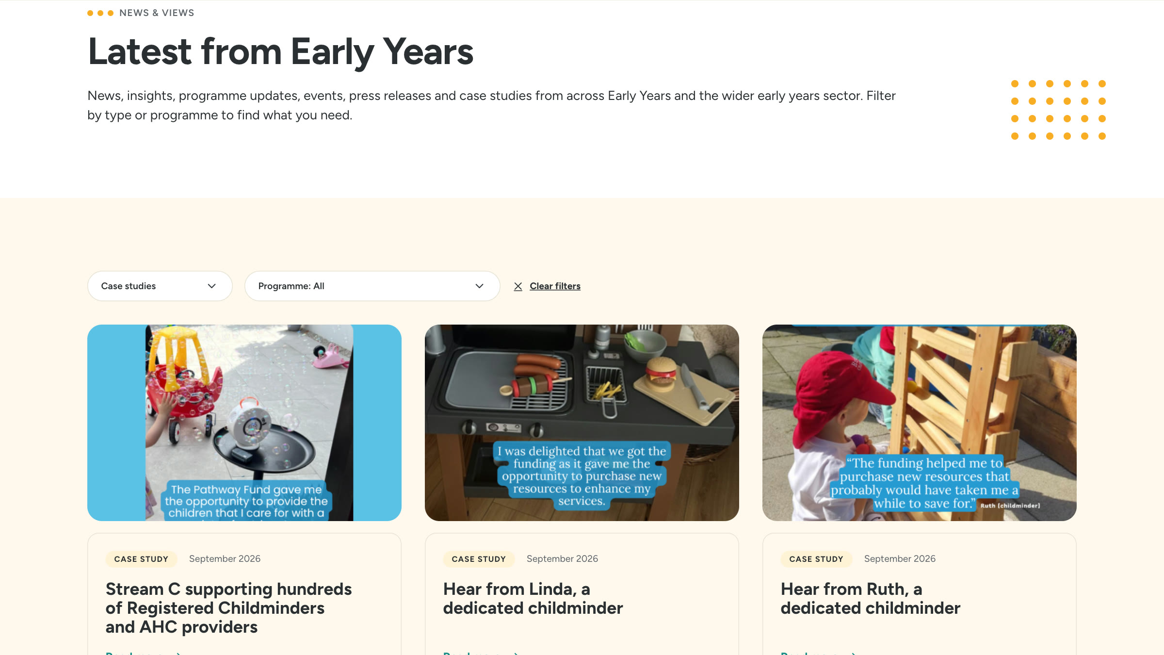Early Years News and Views filtered to case studies, with three cards from The Pathway Fund