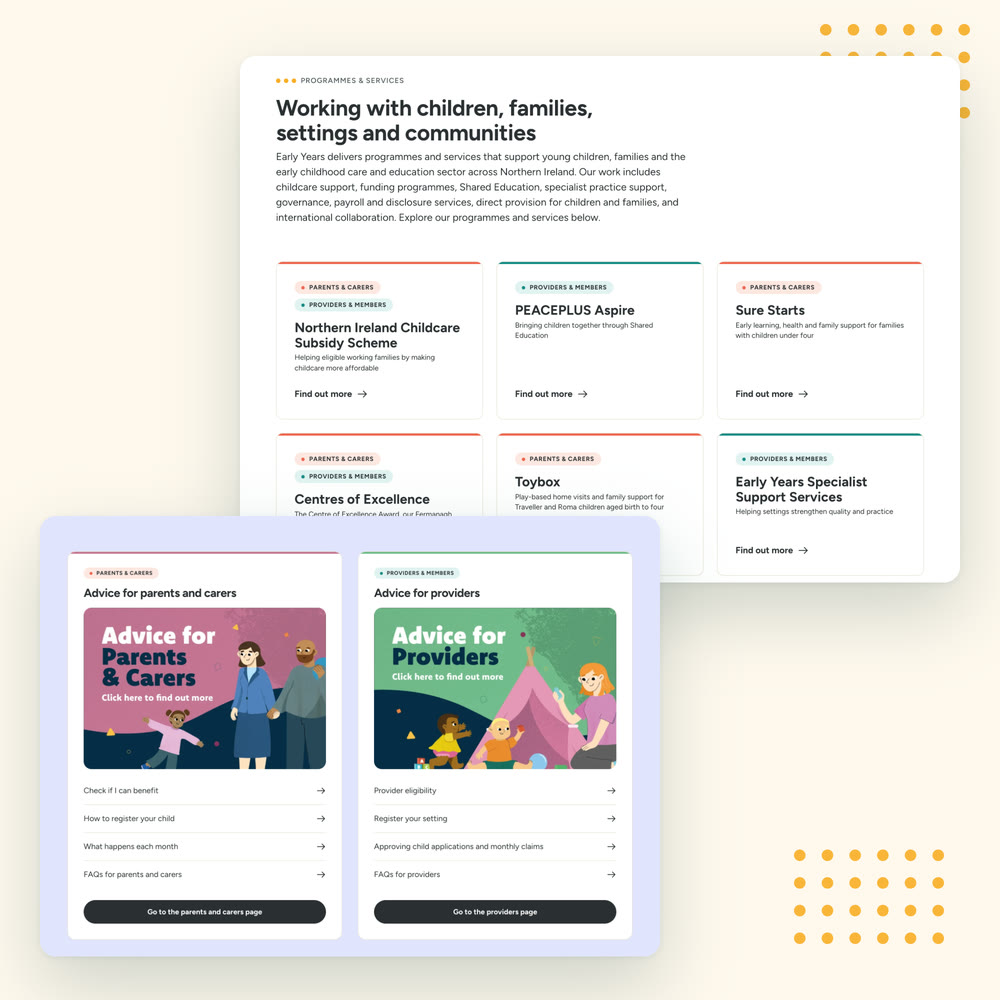 The Programmes & Services cards on the Early Years homepage, each tagged coral for parents and carers or teal for providers and members, with the childcare subsidy scheme's advice cards for parents and for providers in front