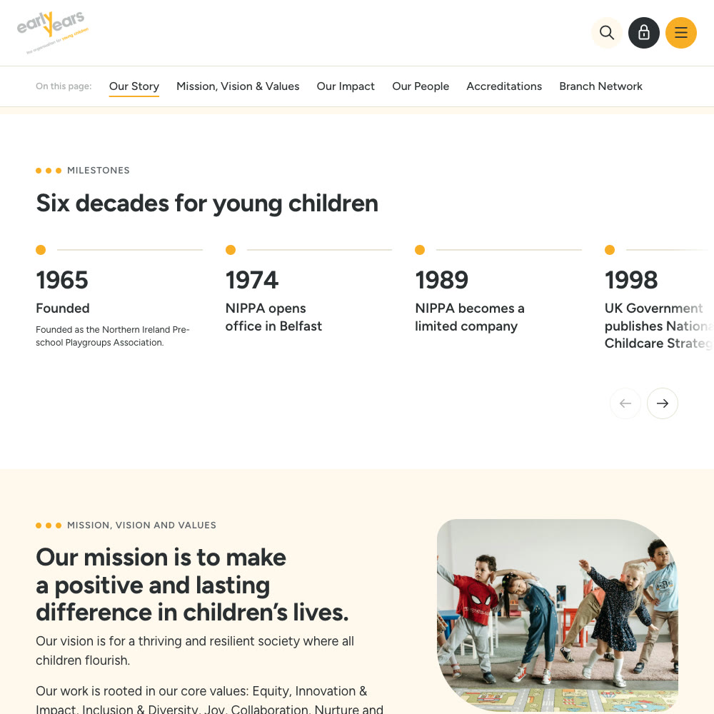 Six decades for young children: the Early Years timeline on the About page, from its founding in 1965, with arrows to move through the milestones