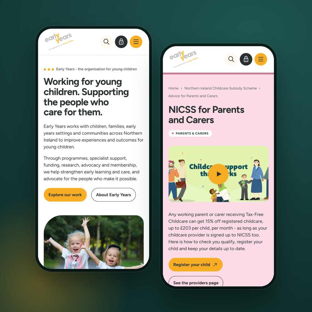 The Early Years homepage and the NICSS page for parents and carers on two phones