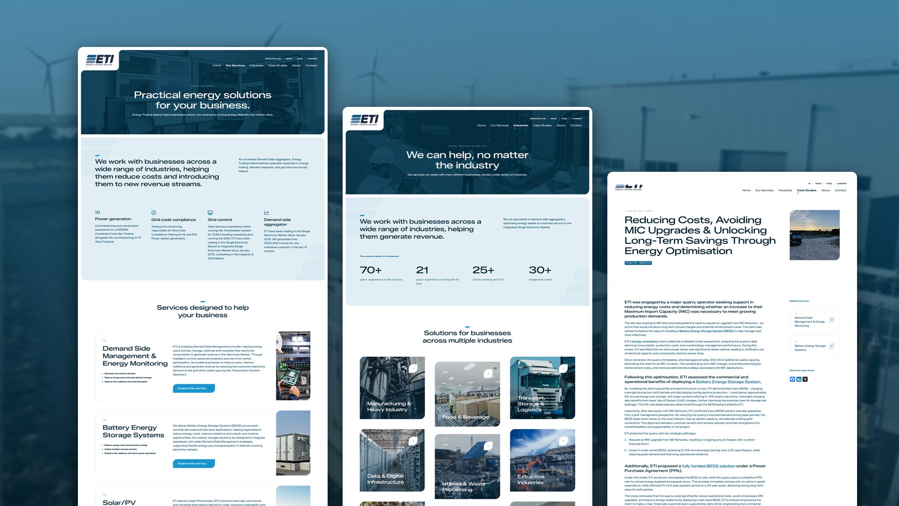 Several Energy Trading Ireland pages together, covering services, sectors and resources