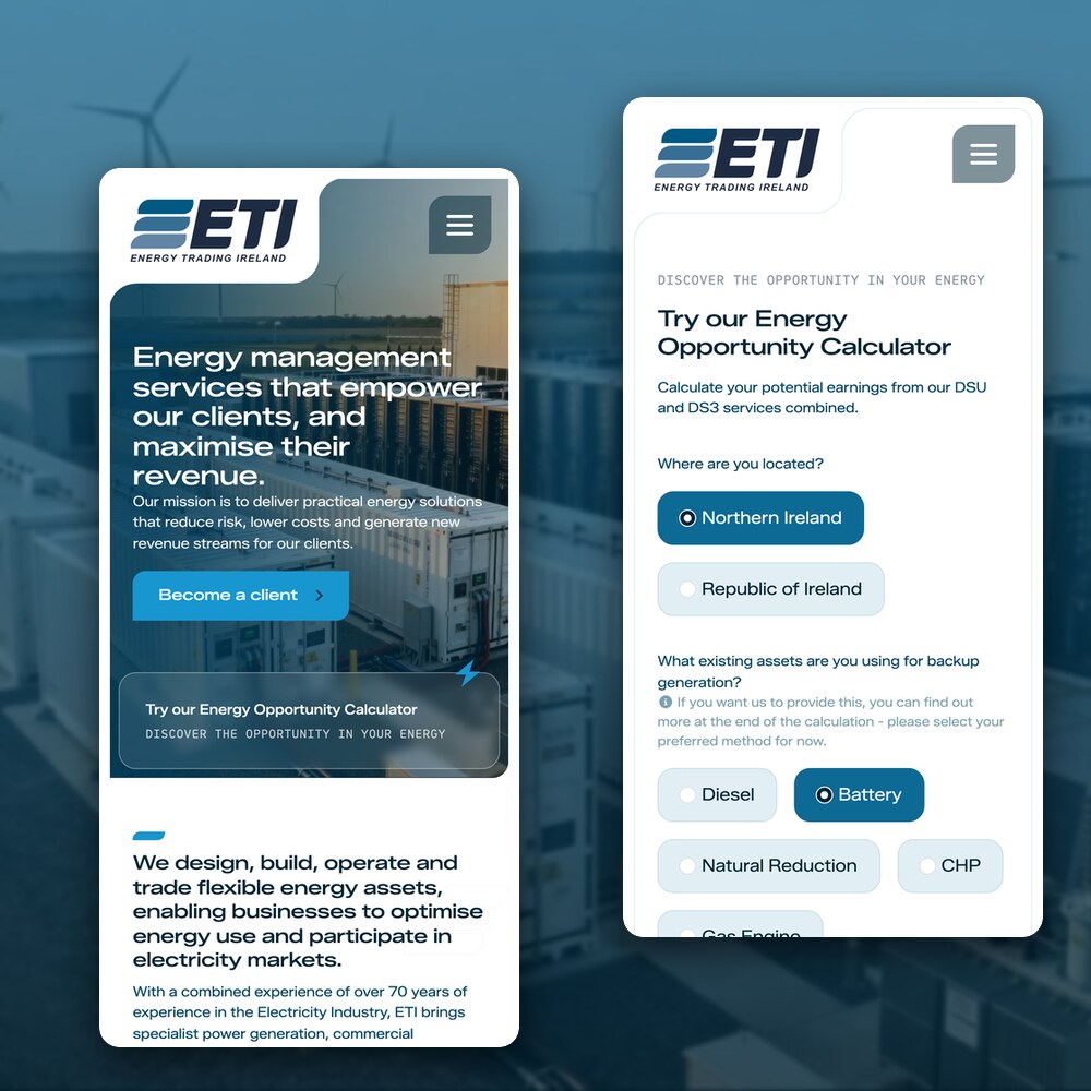 The Energy Trading Ireland homepage beside the Energy Opportunity Calculator on mobile