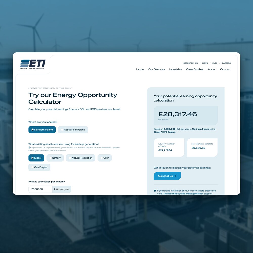 The Energy Trading Ireland Energy Opportunity Calculator returning an estimated annual figure