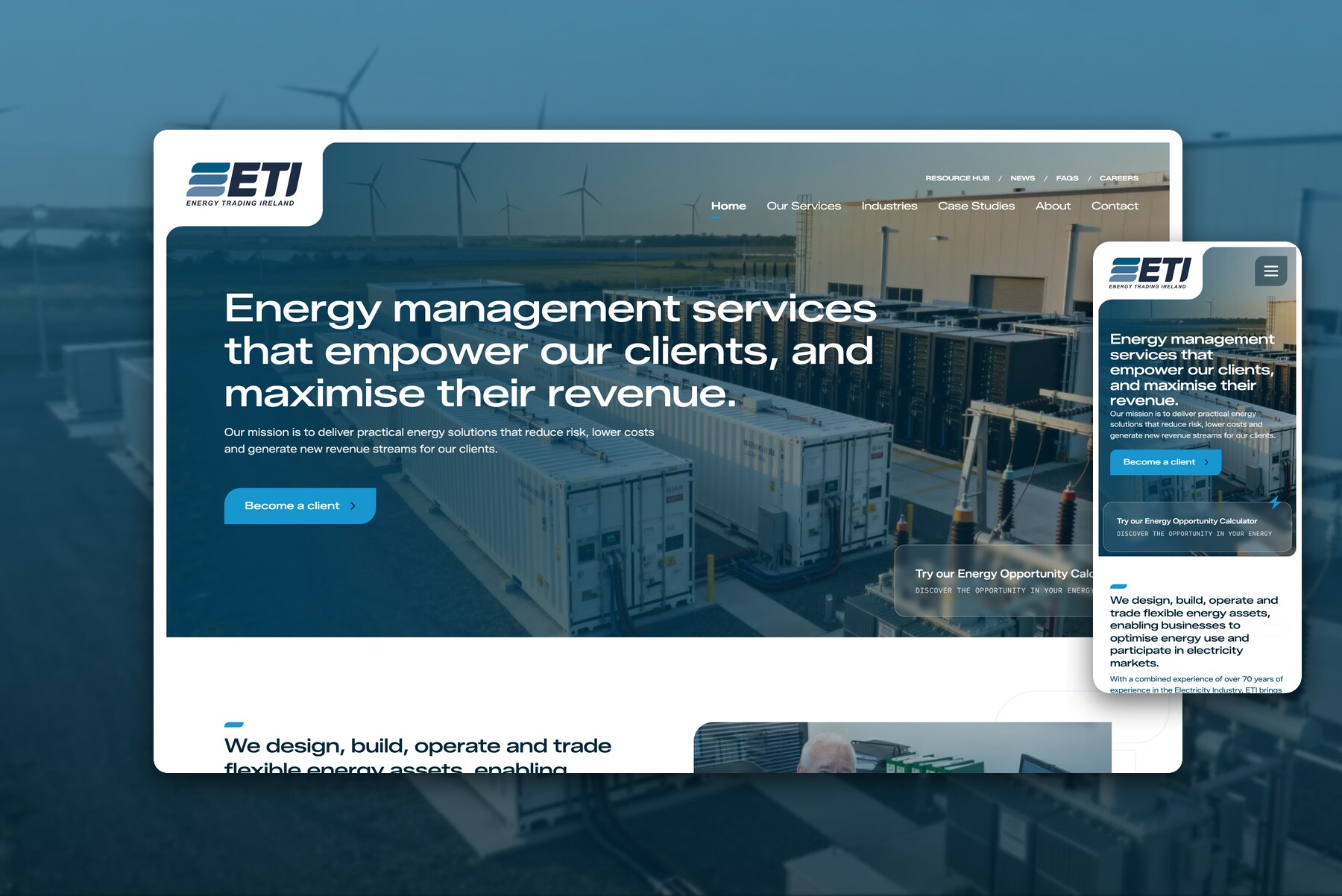 The Energy Trading Ireland homepage, with energy management services that empower clients and maximise revenue