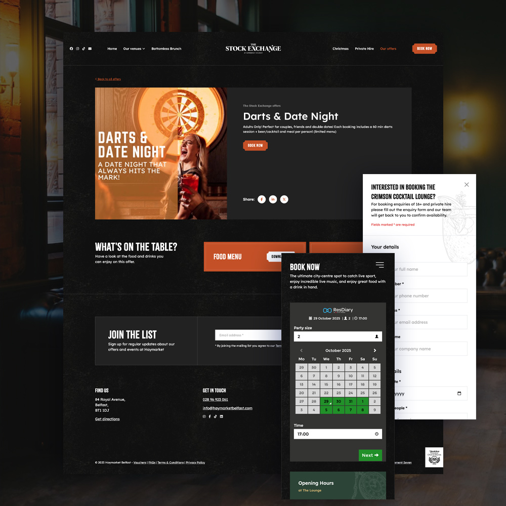 A Haymarket venue page with the table booking panel open