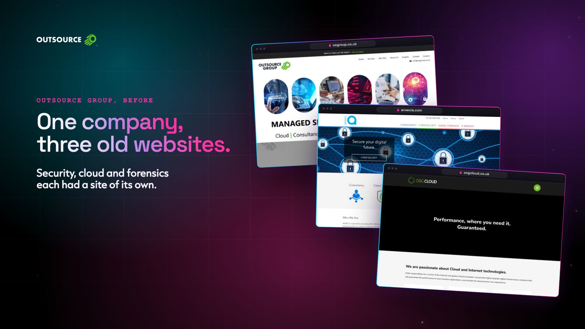 The Outsource Group case study film: three old websites become one, then the homepage, the five capability pages, the drawings, the site on a phone and the results