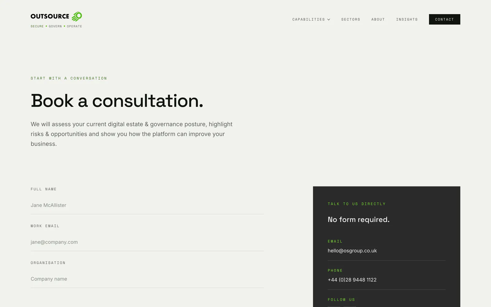 The Contact page on the new Outsource Group site