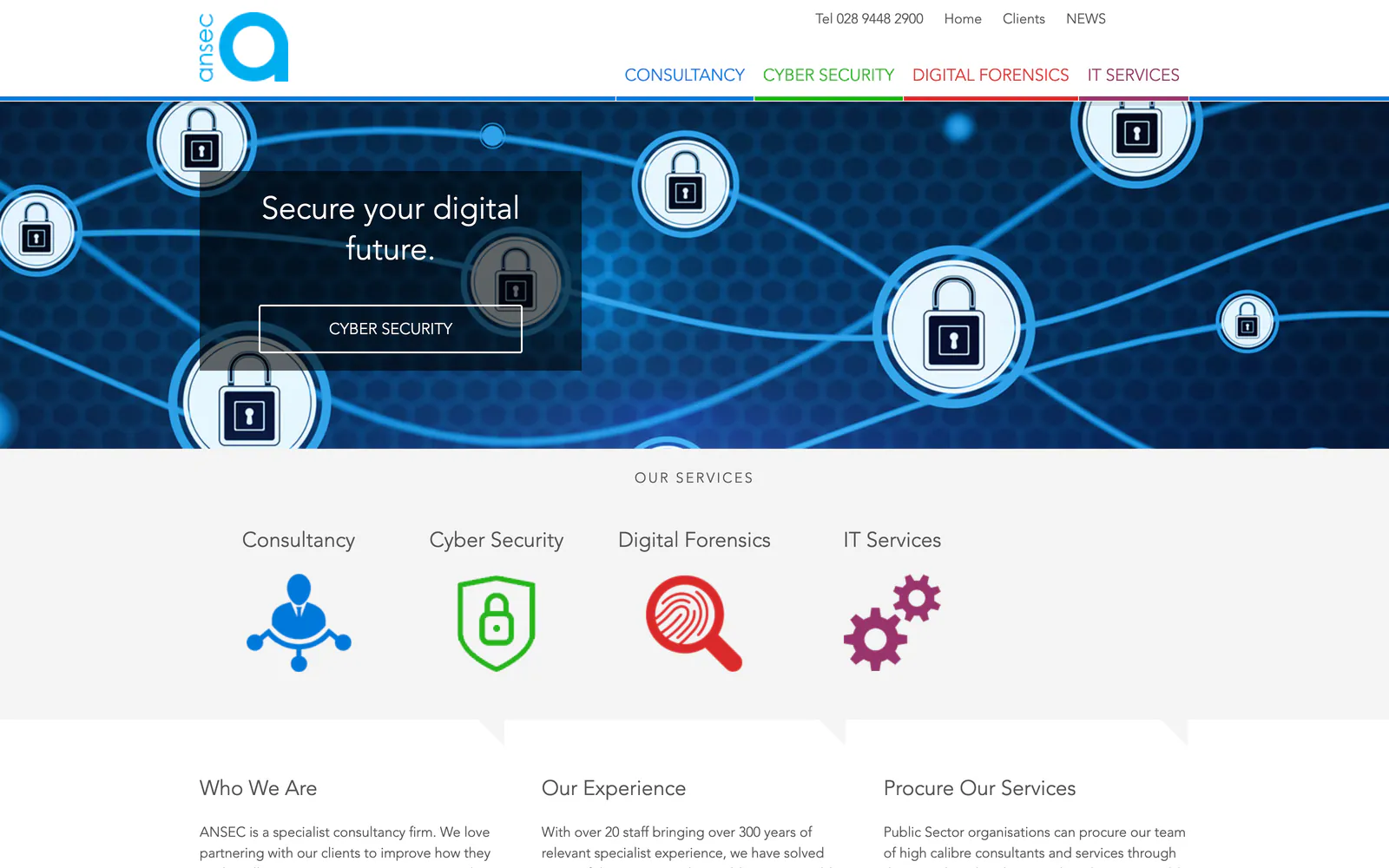 The old ansecia.com homepage: padlock icons on a blue network graphic