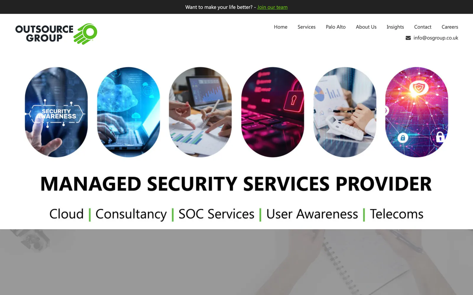 The old osgroup.co.uk homepage: a row of stock photographs cut into pill shapes over the words Managed Security Services Provider