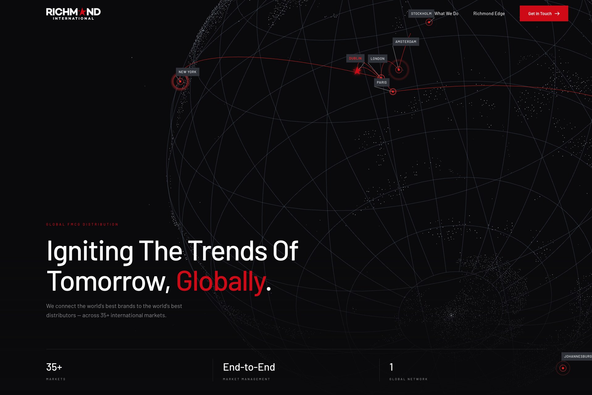 The Richmond International homepage, with the interactive globe of the distribution network behind the headline
