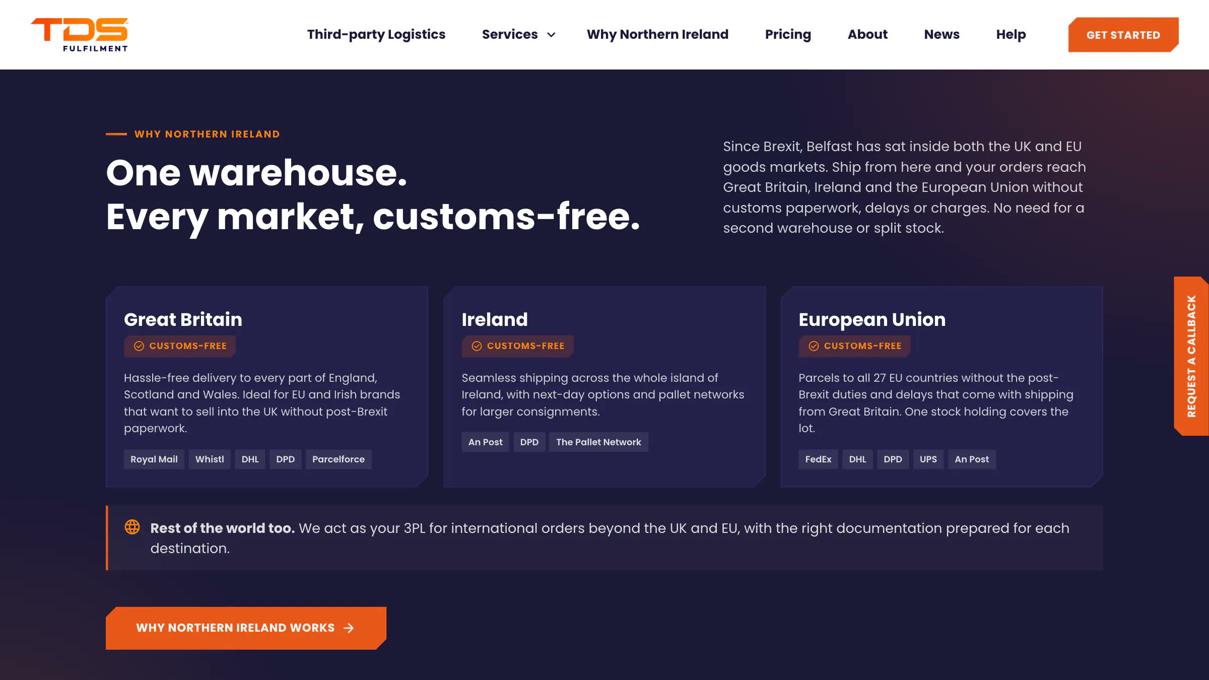 The TDS markets band: Great Britain, Ireland and the European Union, each marked customs-free with the carriers that serve it