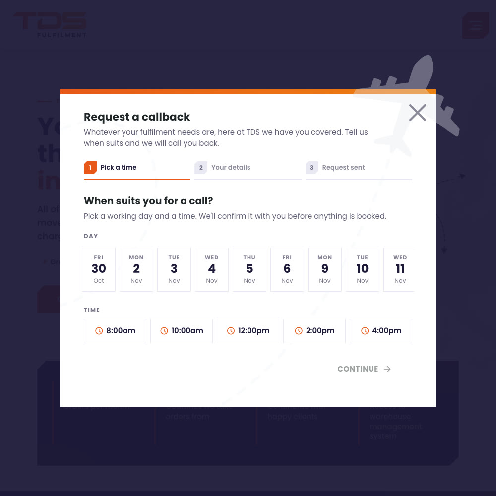 The TDS callback booking, asking the visitor to pick a working day and one of five times