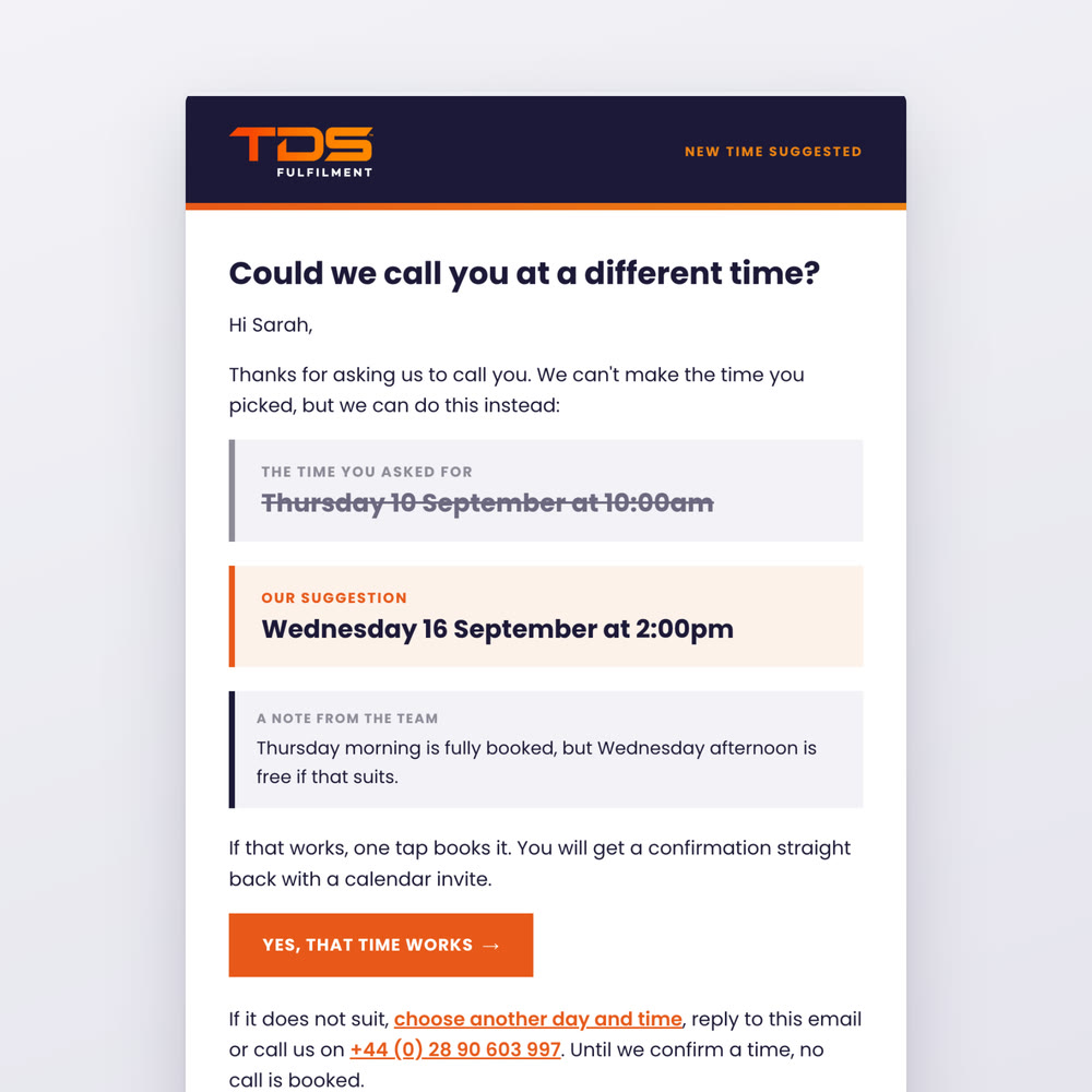 The email a visitor gets when TDS suggest a different time for their callback, with the original time crossed out and a button to accept the new one