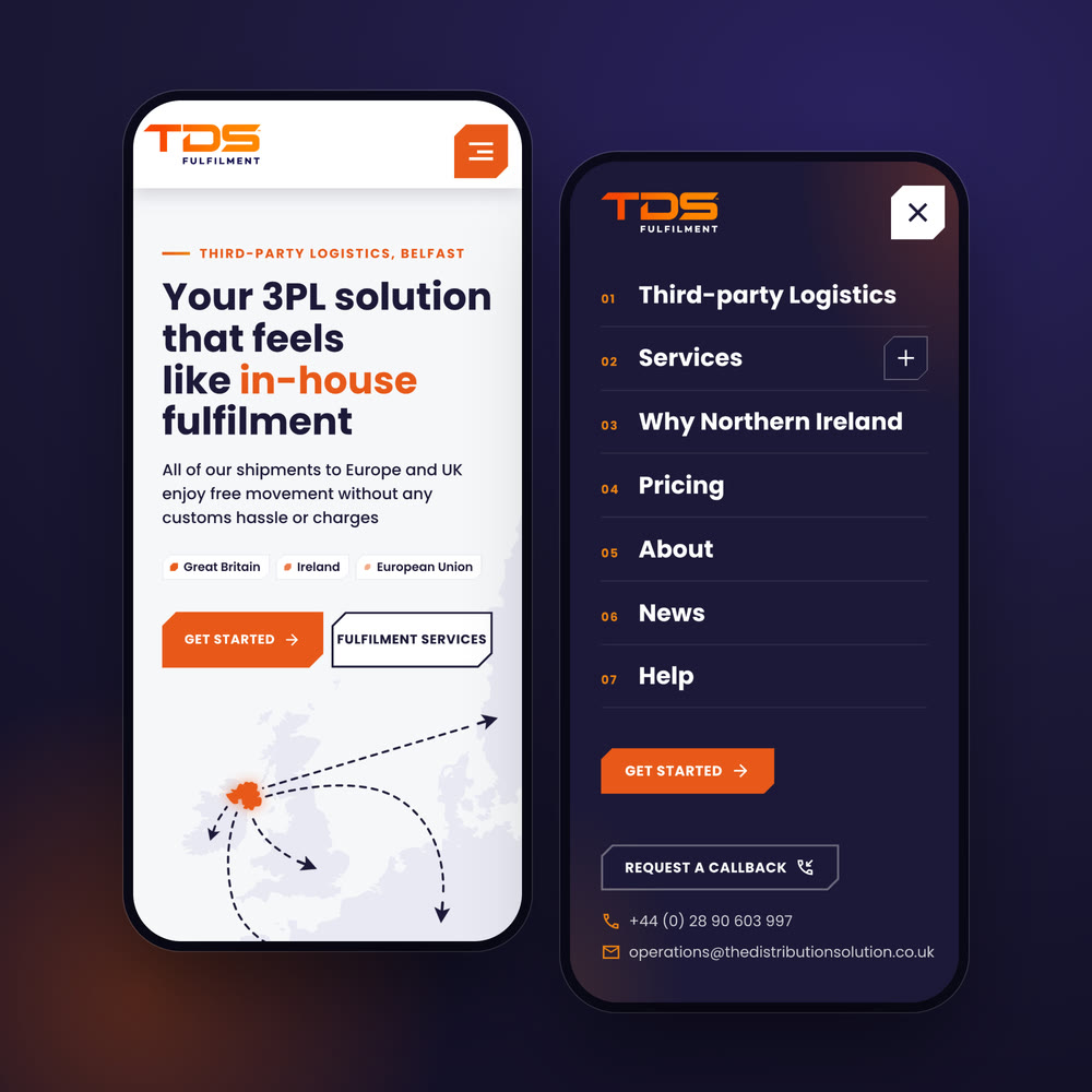 The TDS Fulfilment homepage and the full-screen menu on two phones