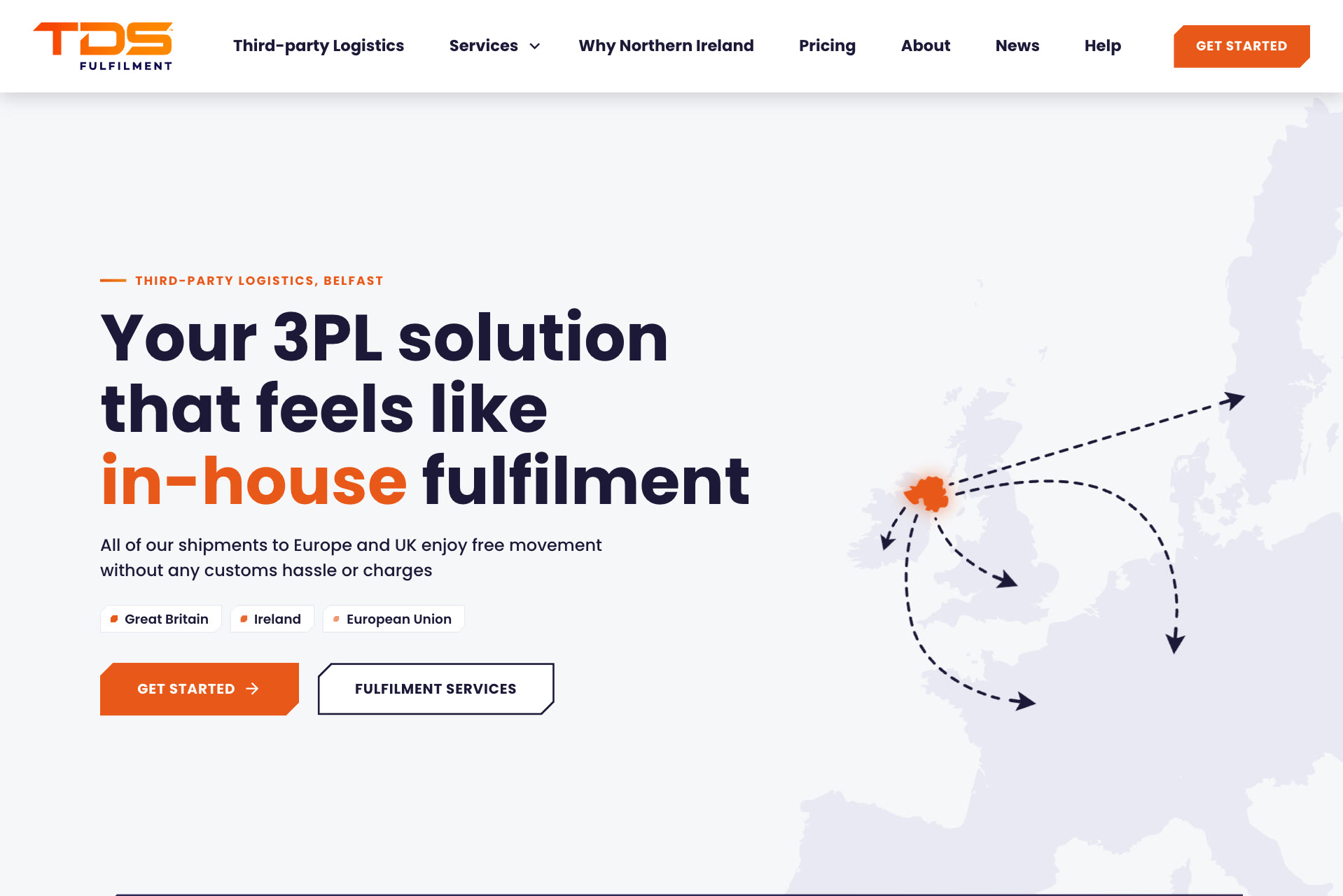 The TDS Fulfilment homepage, with the headline beside a map of routes running out from Belfast to Great Britain and Europe