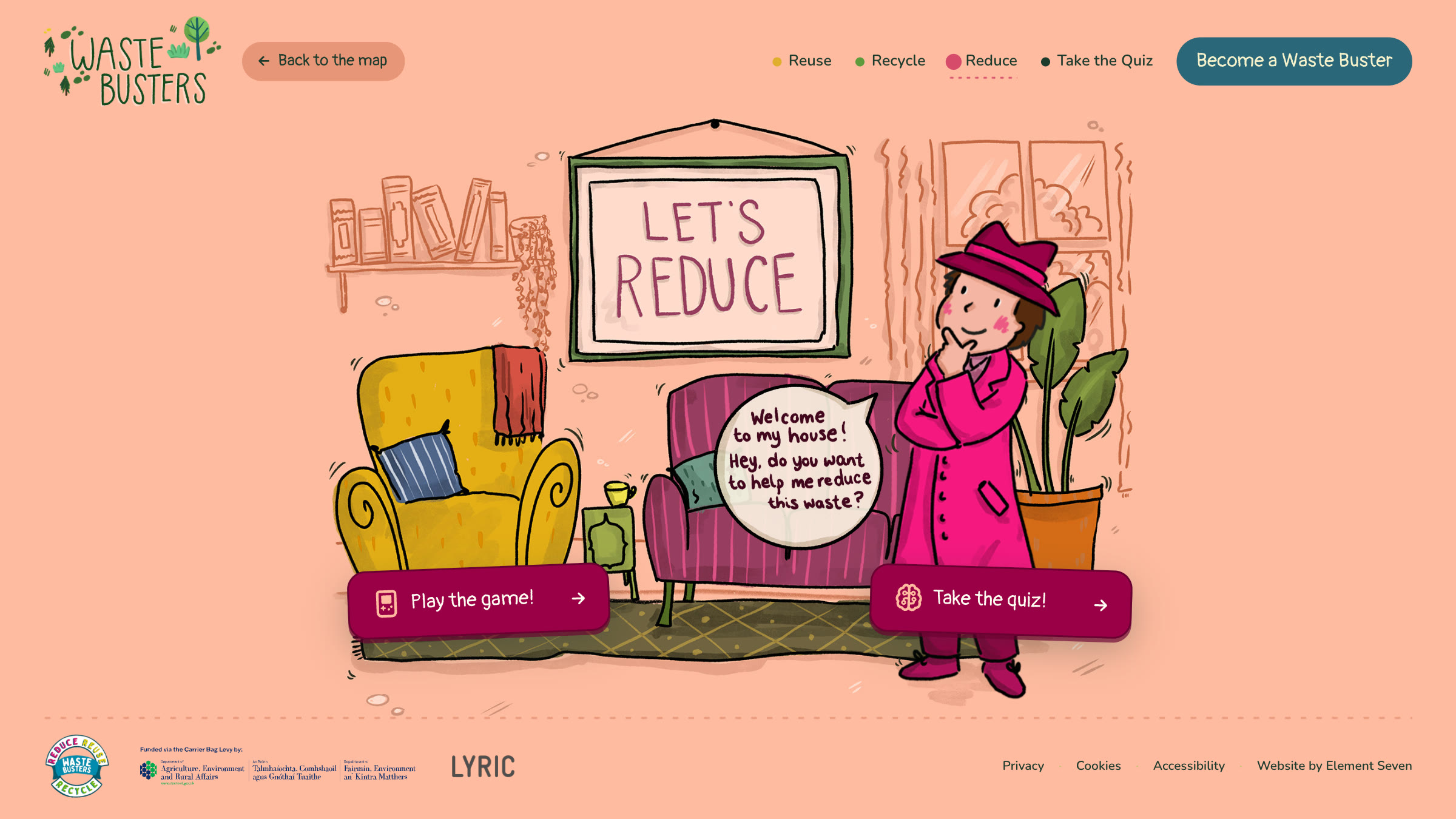 Let's Reduce: Detective Shrink at home in the pink house, asking for help reducing waste, with cards to play the game and take the quiz