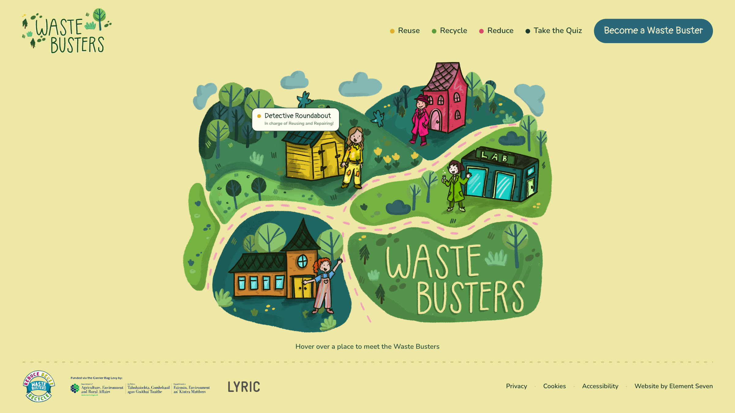 The Waste Busters map with the pointer over the shed: it lifts, and a label names Detective Roundabout, in charge of reusing and repairing