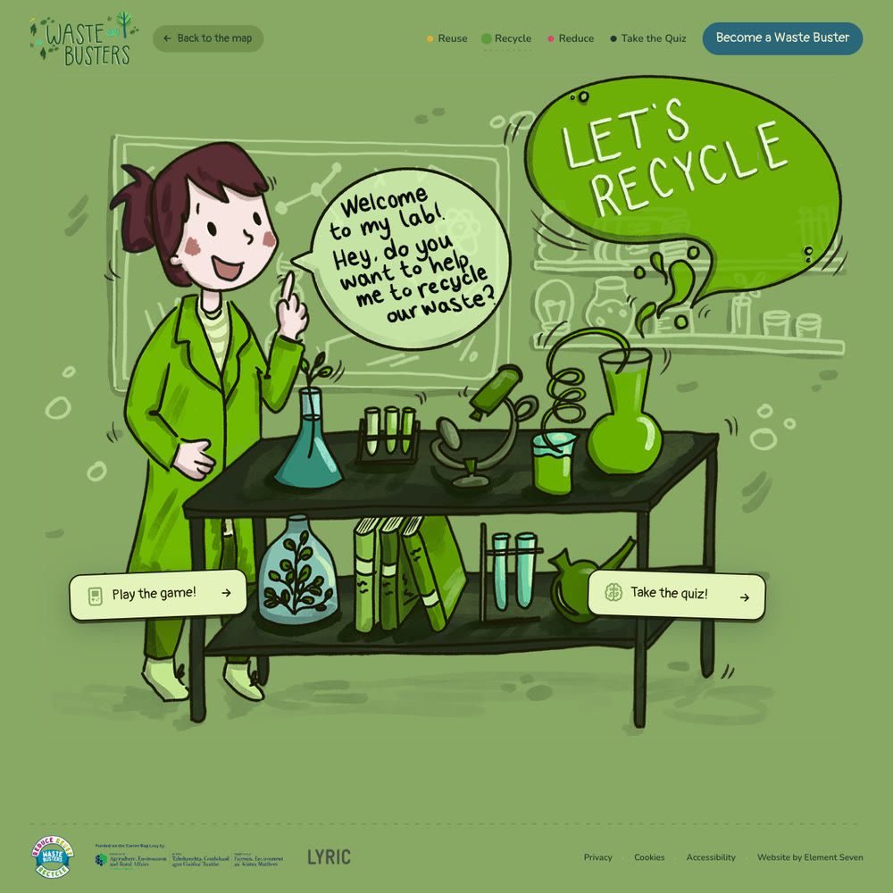 Detective Tinkle's lab, with a speech bubble asking the visitor to help recycle and cards to play the game and take the quiz