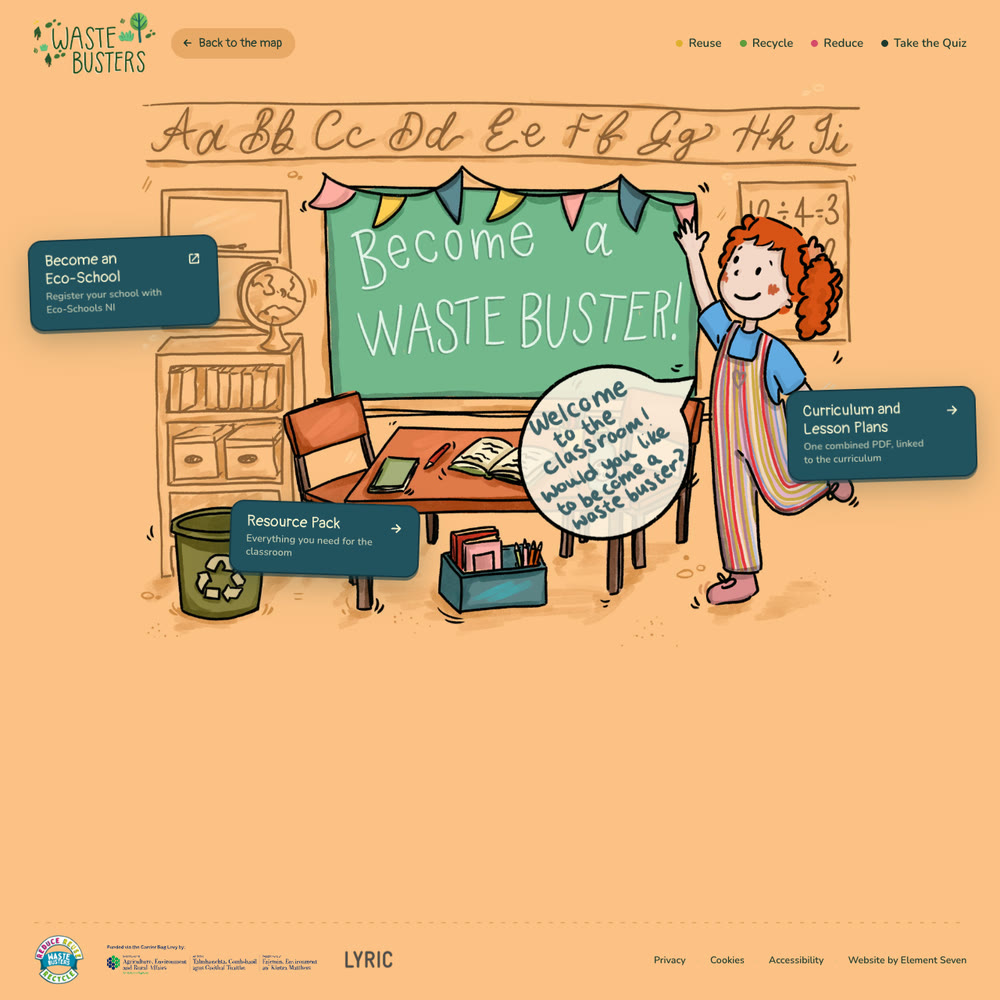 Ella's classroom, Become a Waste Buster: cards for Eco-Schools NI, the resource pack, and the curriculum and lesson plans