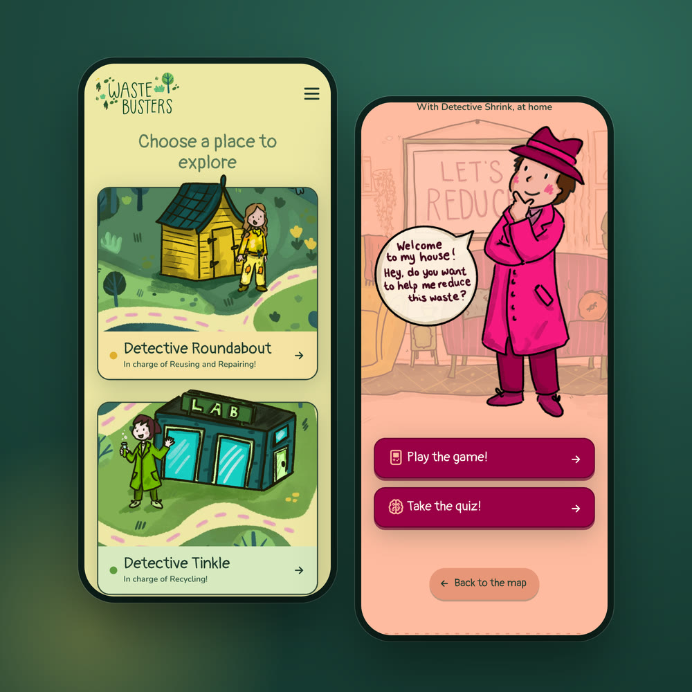 Waste Busters on two phones: the map as a deck of cards, and Detective Shrink's house