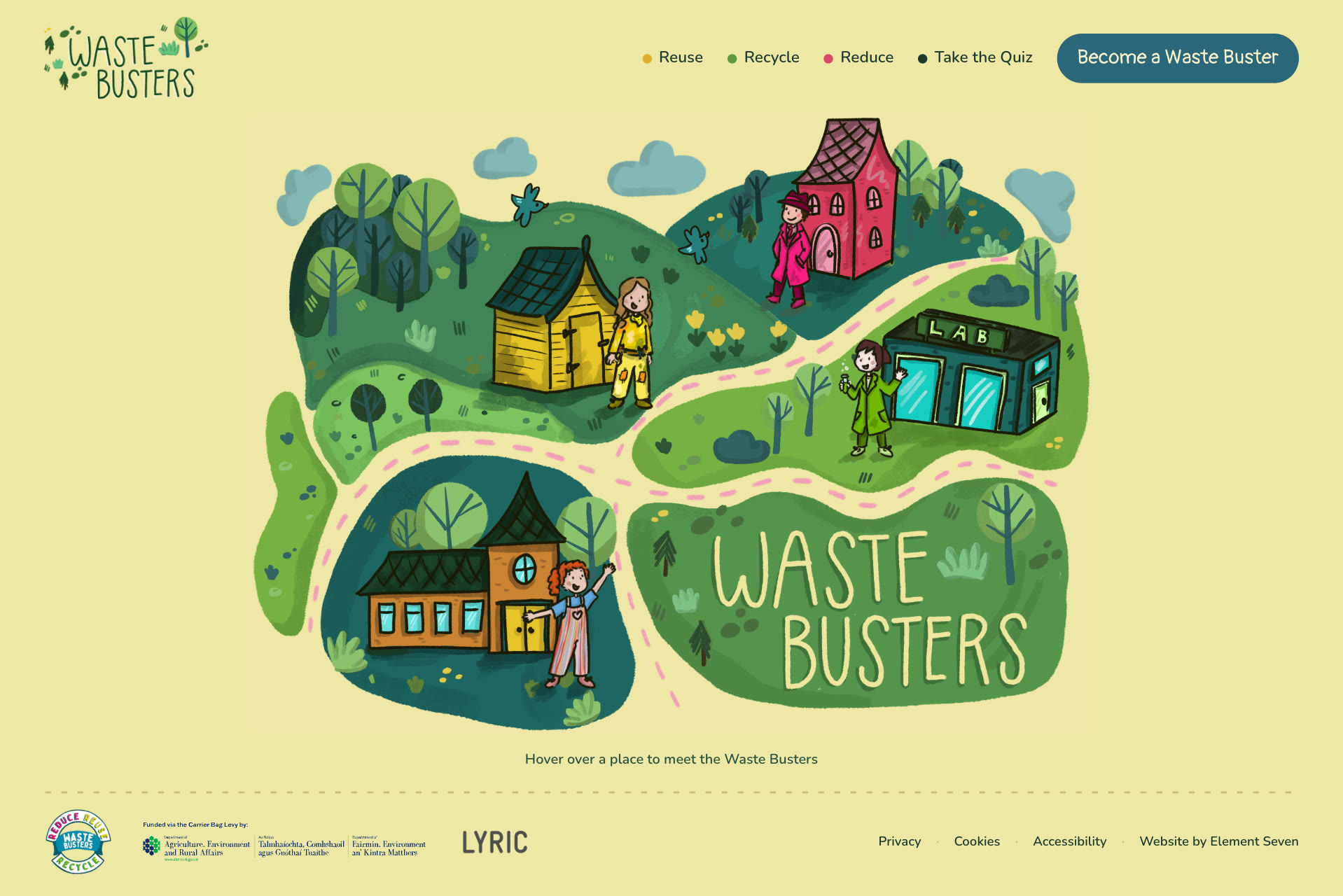 The Waste Busters map: a shed, a lab, a pink house and a school on green islands joined by a dotted path, each with its character outside